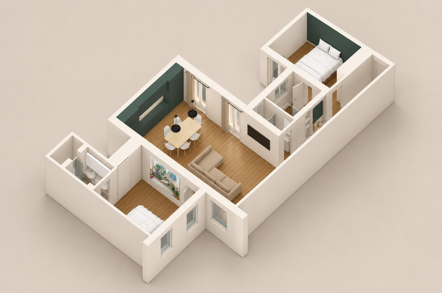 Cutaway axonometric, green scheme