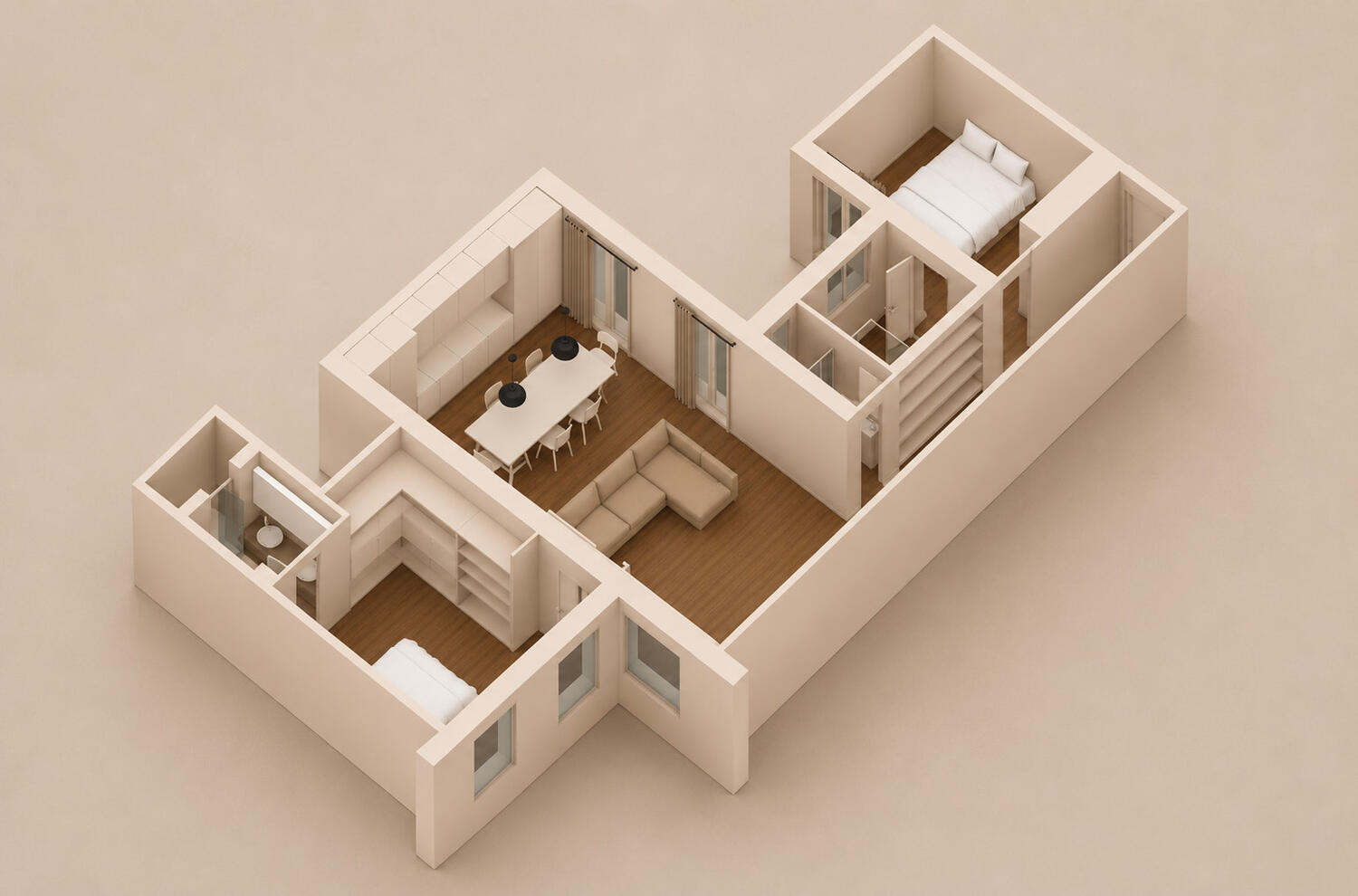 Cutaway axonometric of the apartment