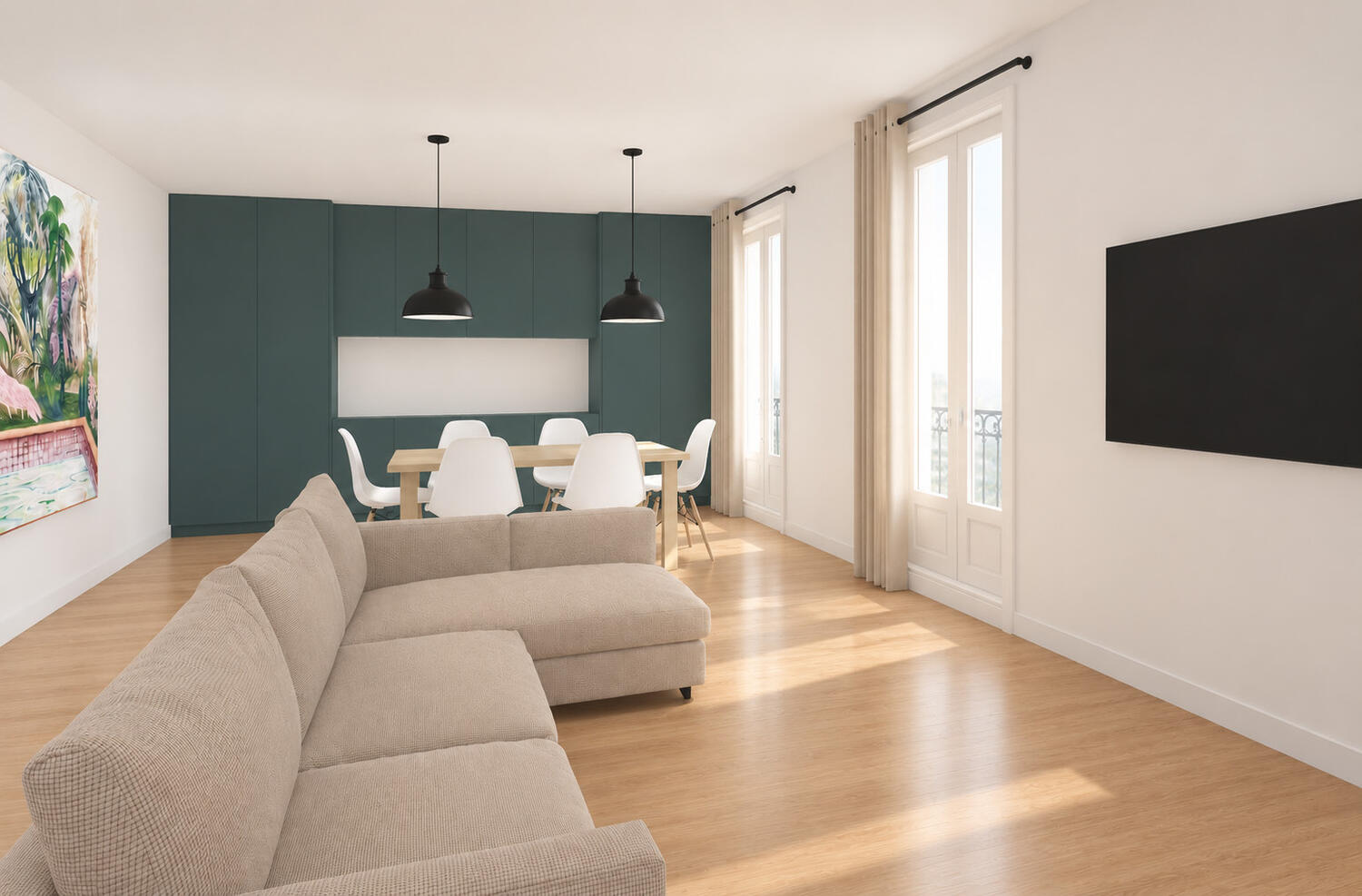 Kitchen and dining area, green scheme