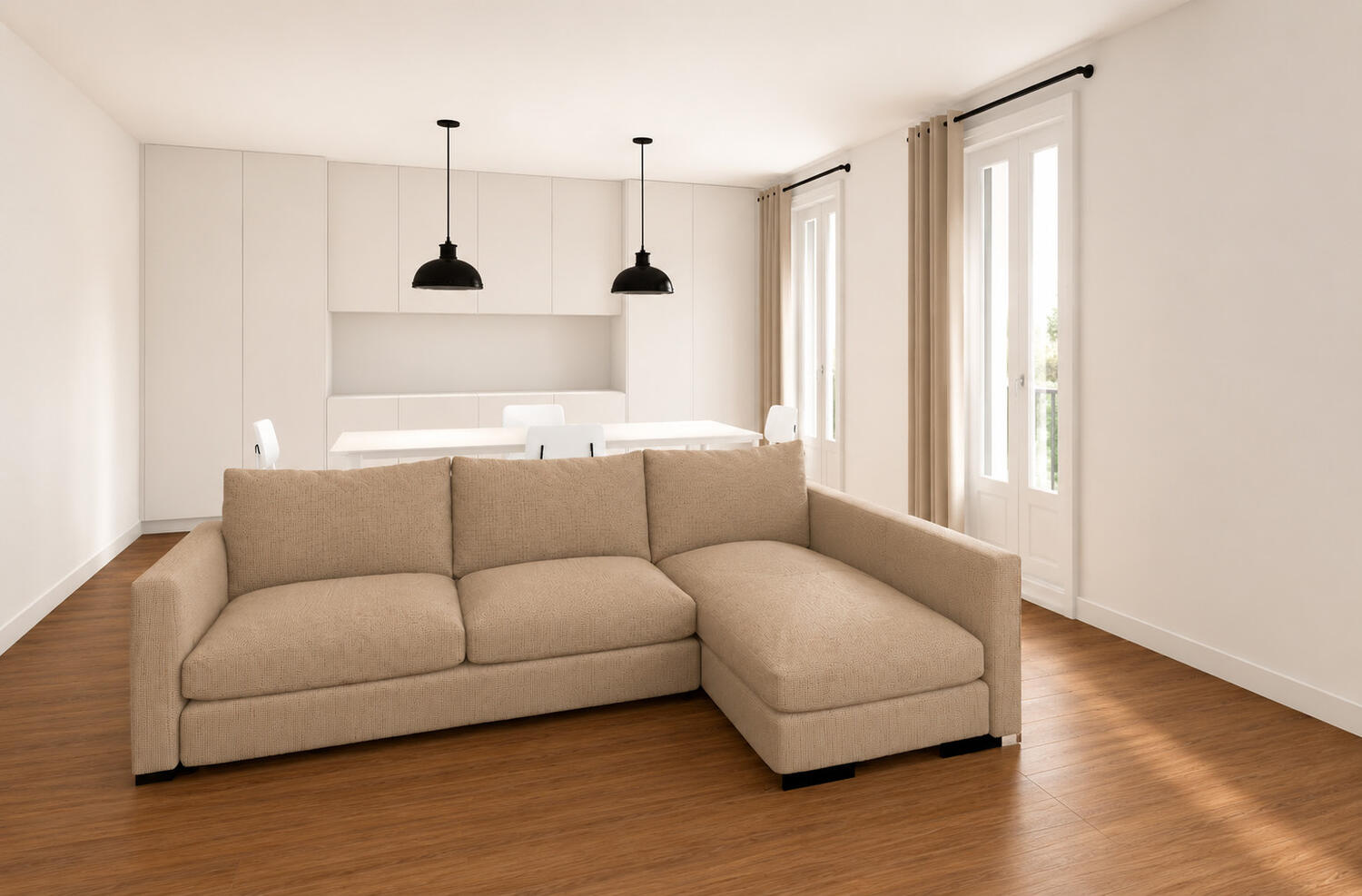 Living room and kitchen, neutral scheme