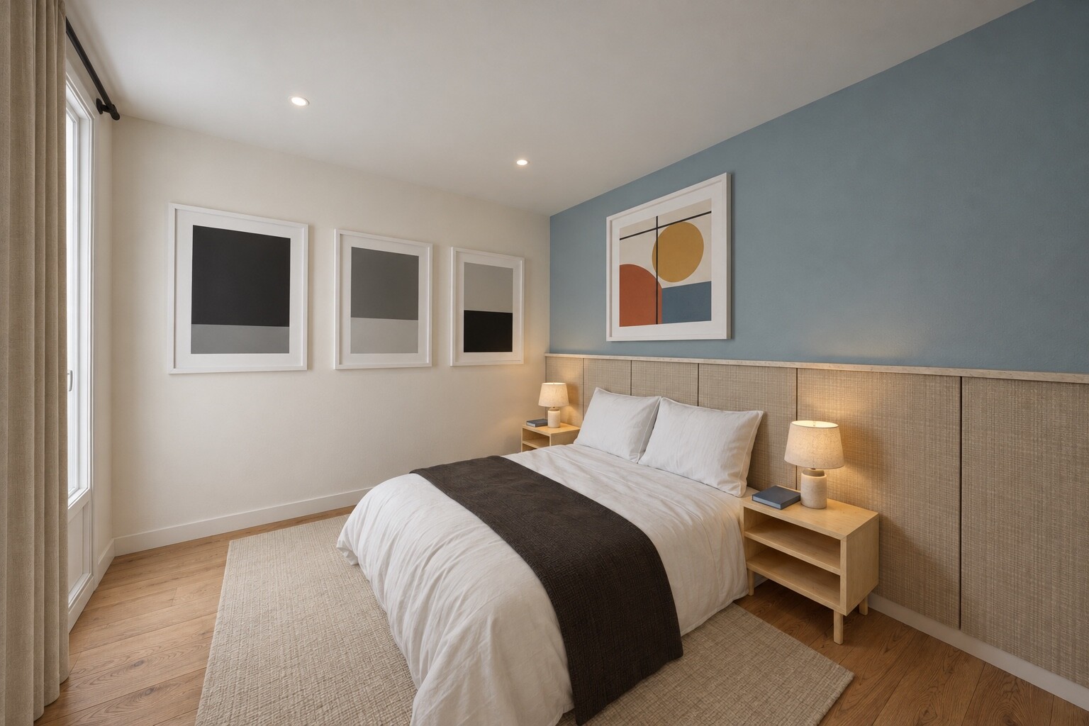 Guest bedroom, option A: upholstery across the whole wall
