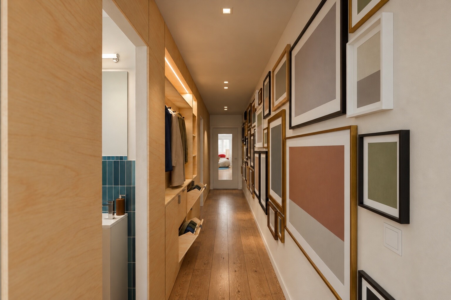 Corridor towards the entrance, bathroom door open