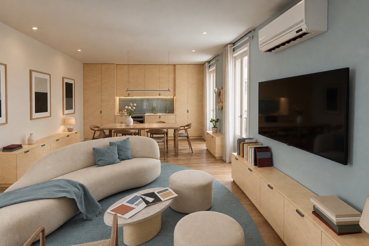 Living room, television wall and dining table