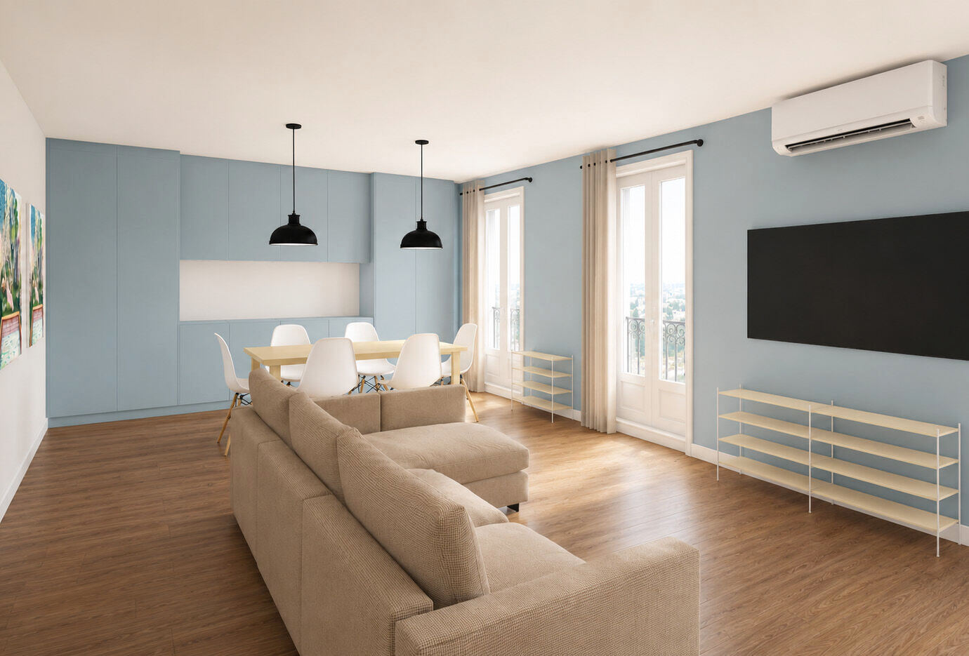 Living room and dining area, with the dark pendants
