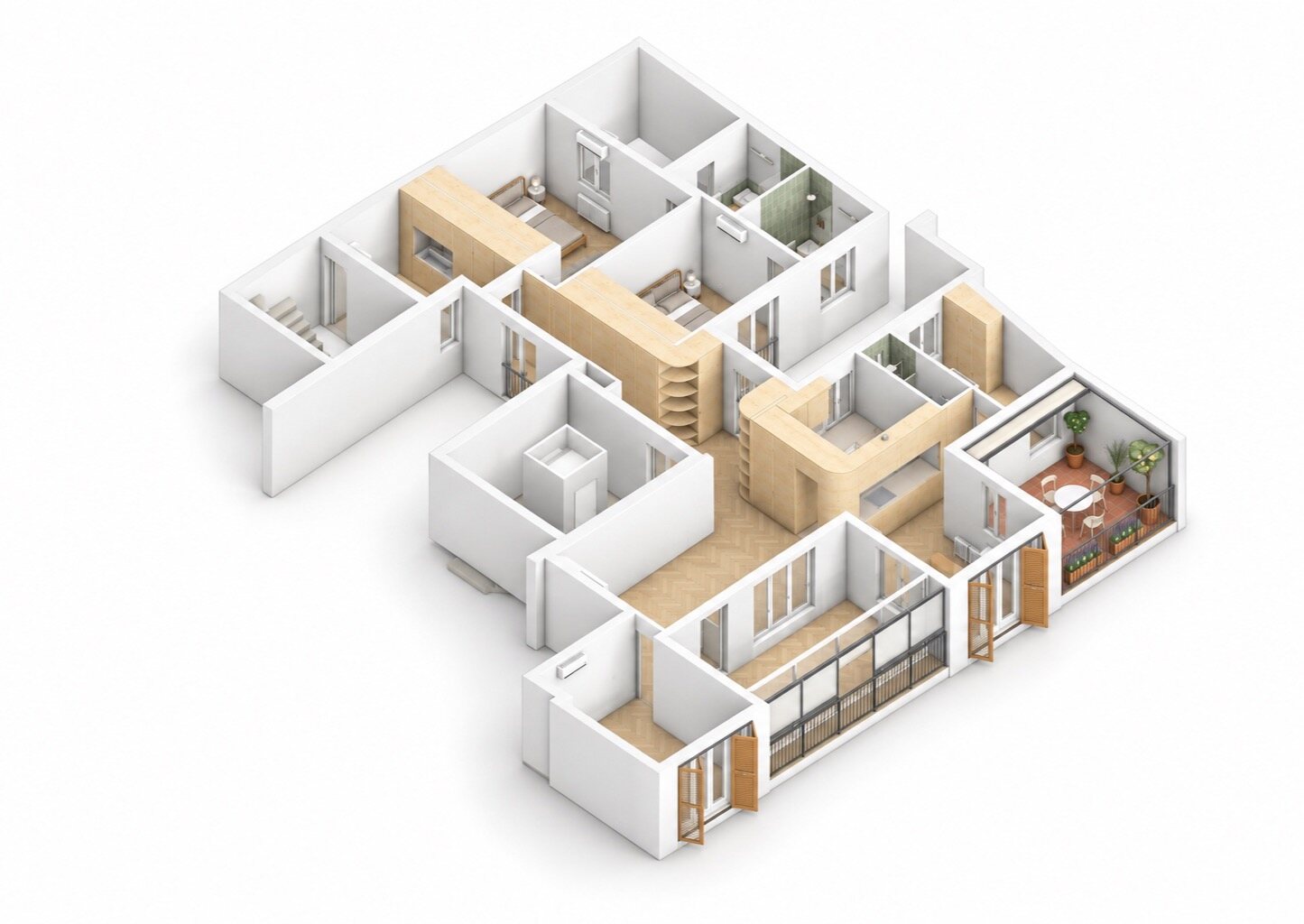 The dwelling without its ceiling, seen from the corner of the living room