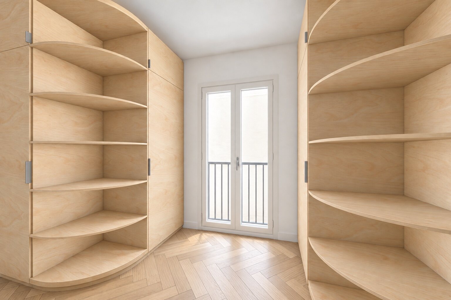 Hall, with curved birch shelving