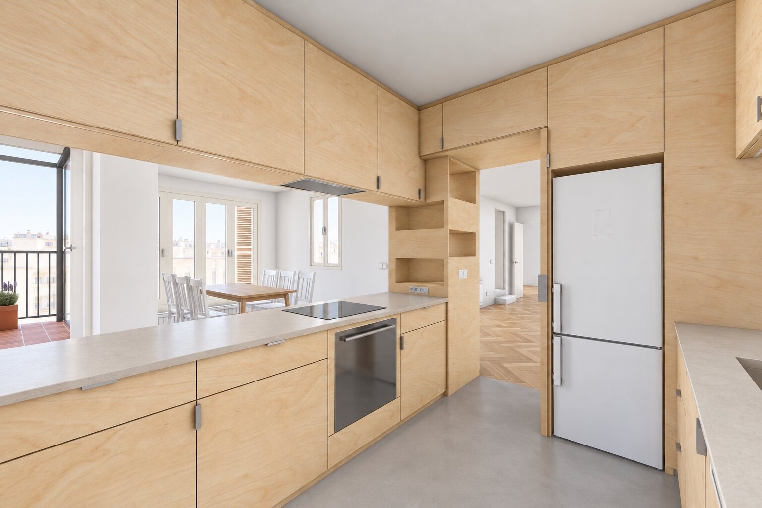 Inside the kitchen, looking towards the dining room