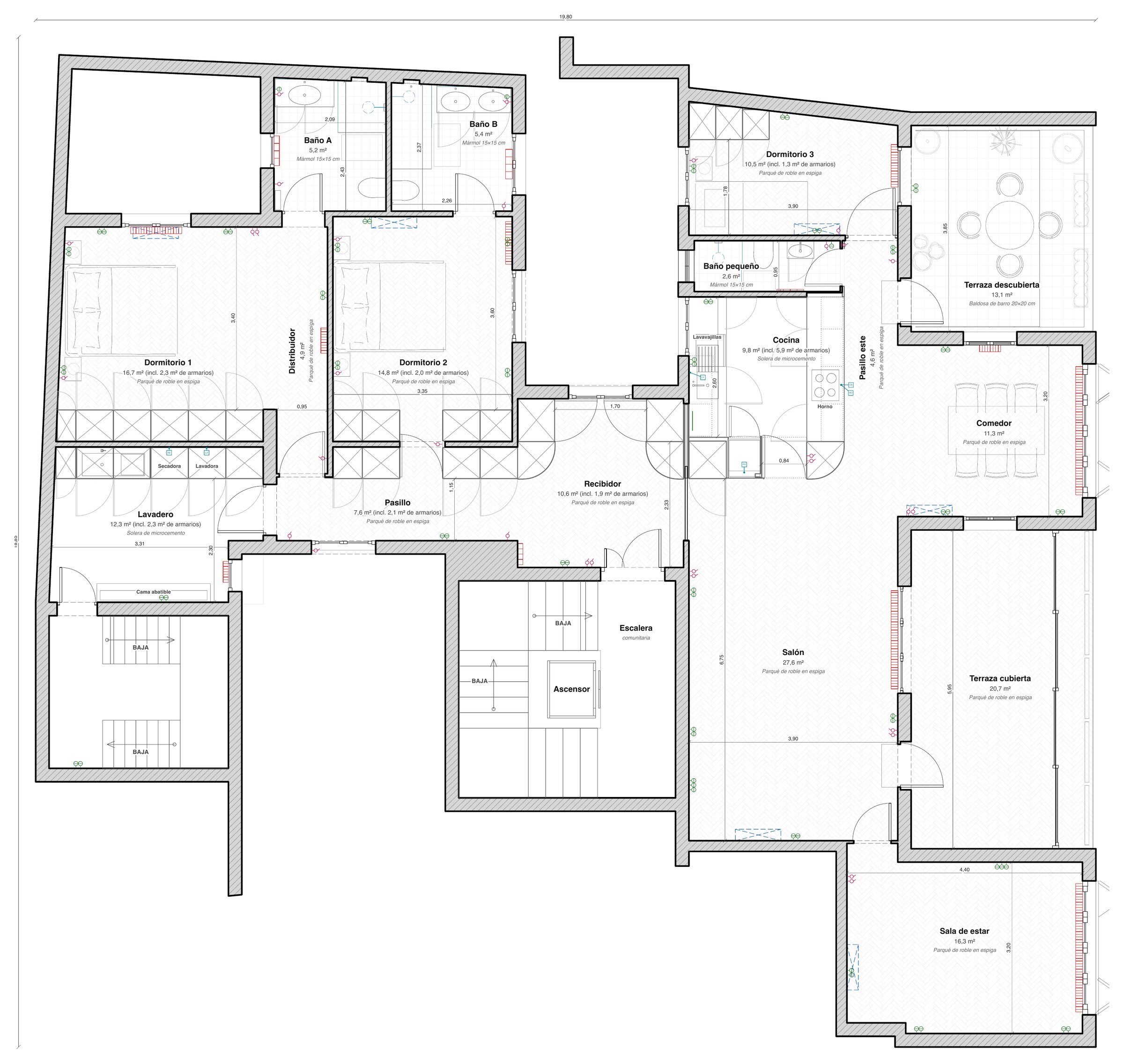 Floor plan, option A: three bedrooms and a laundry