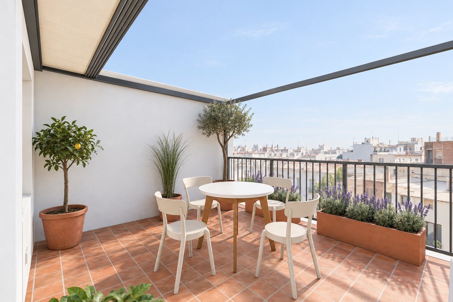 Open terrace beside the dining room, with clay tiles and a pergola