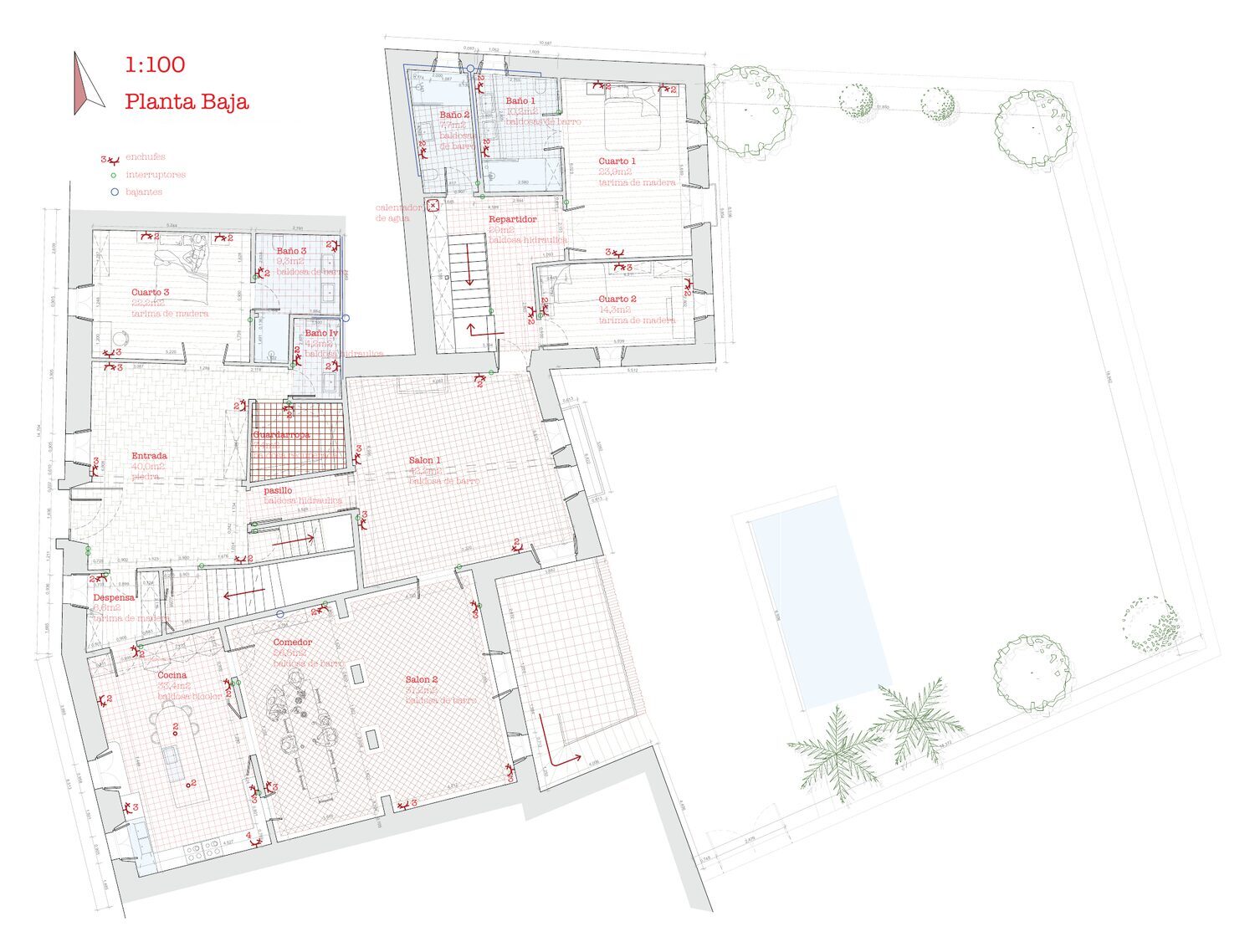 Ground floor with finishes, areas and installations