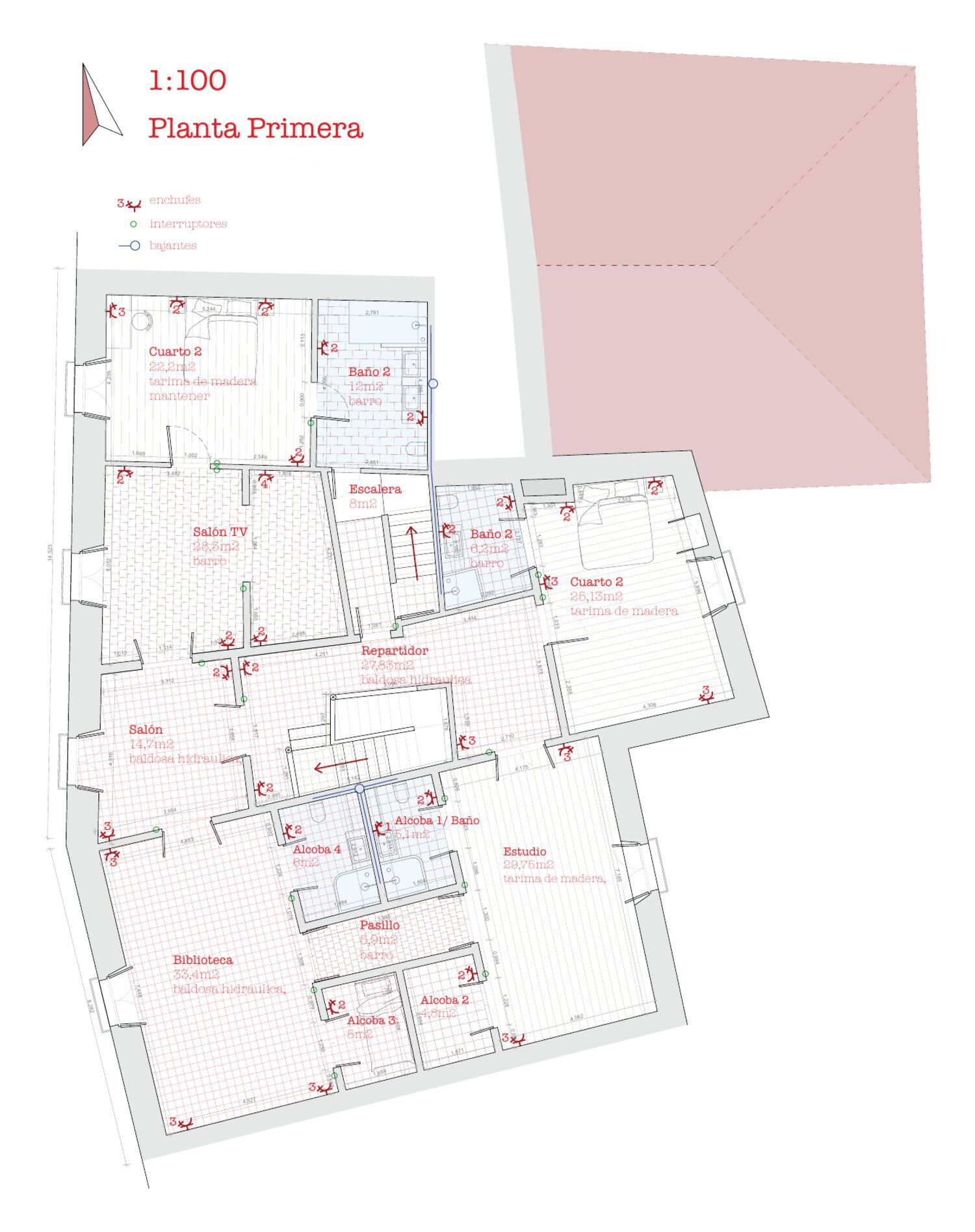 First floor with finishes, areas and installations
