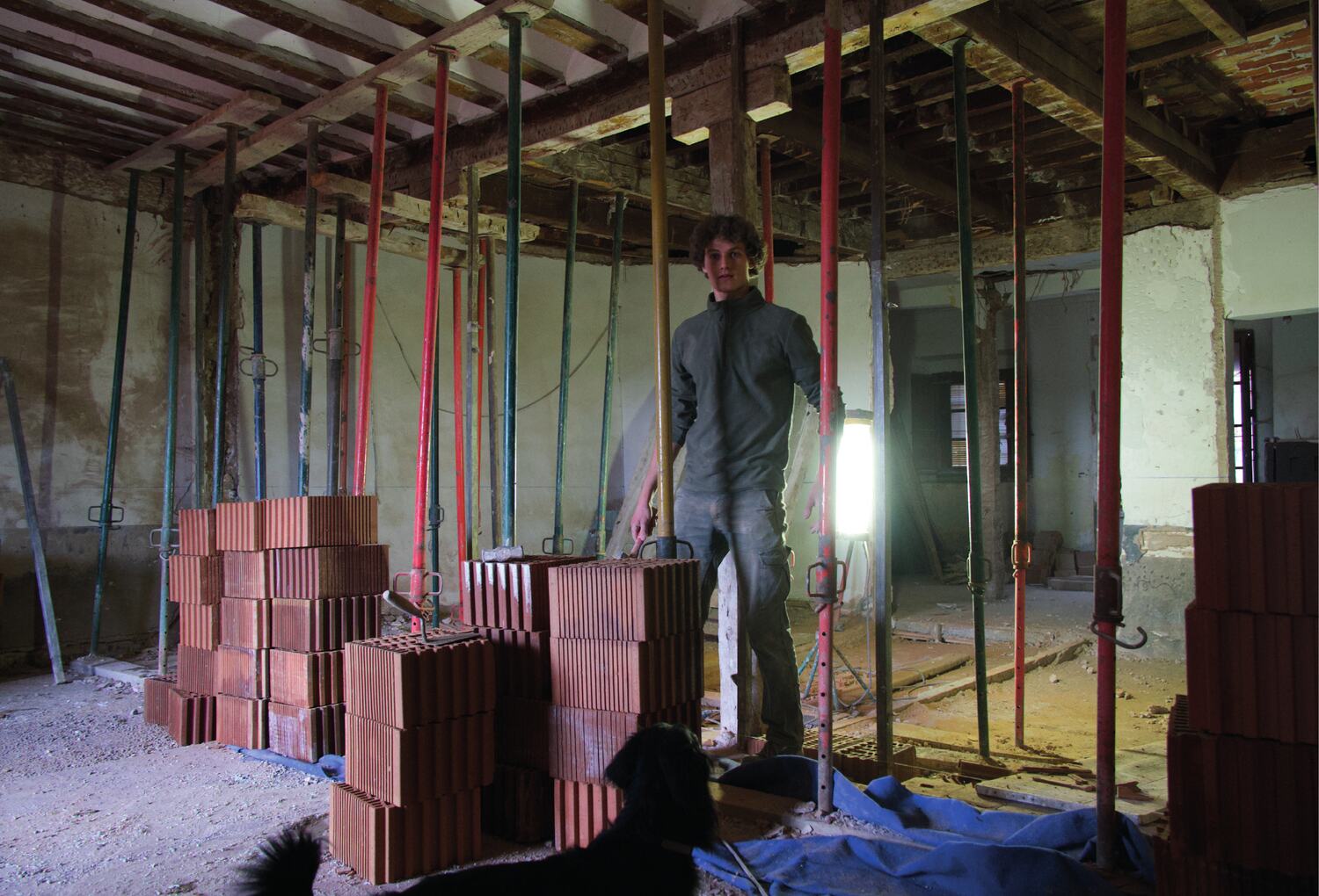 The ground floor shored with props during the works