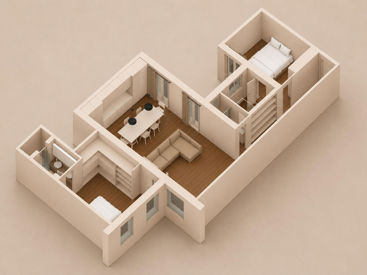Cutaway axonometric of the apartment