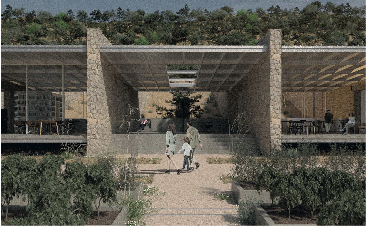The courtyard between the rows of saplings