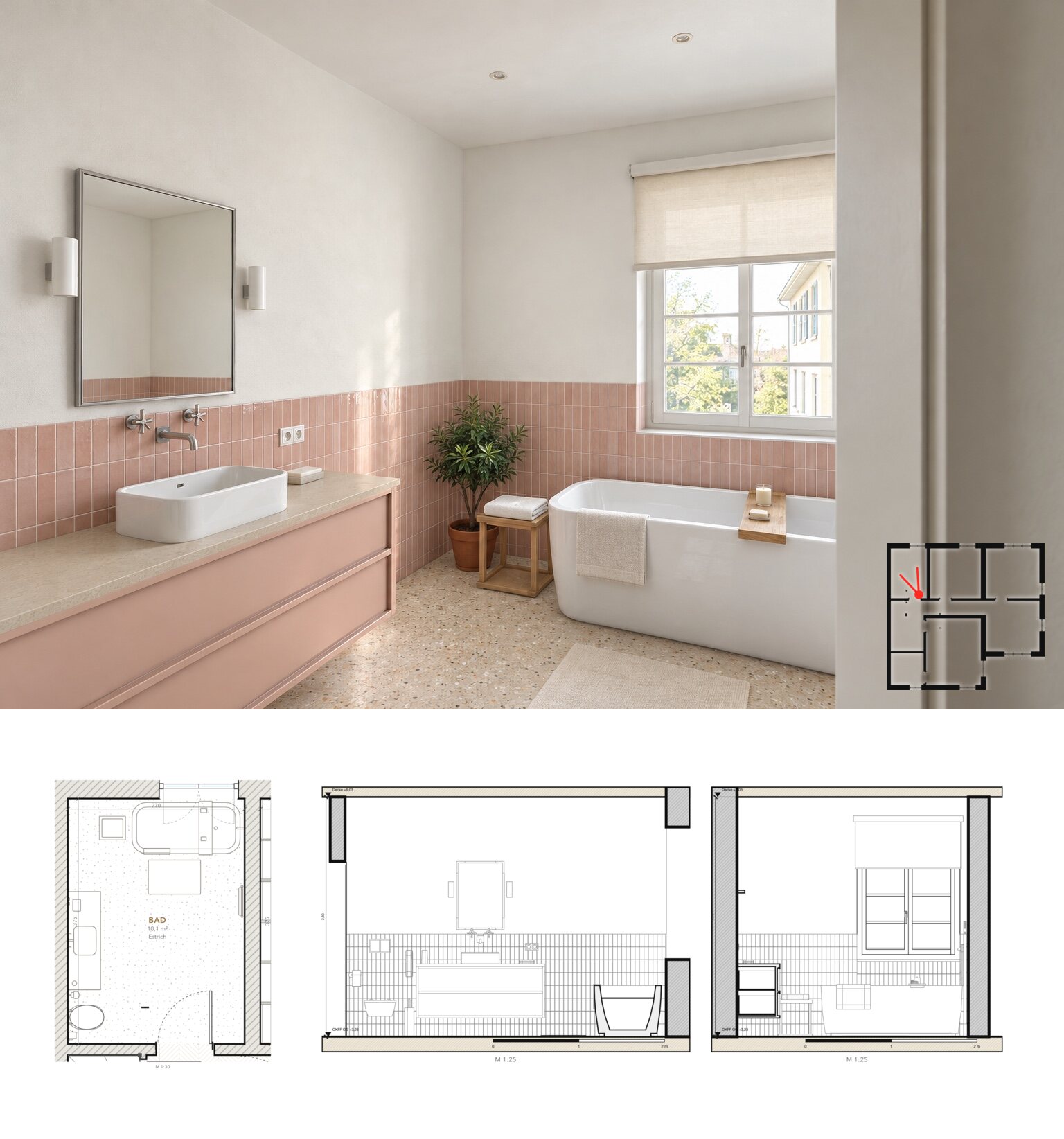 Shared bathroom, with plan and elevations