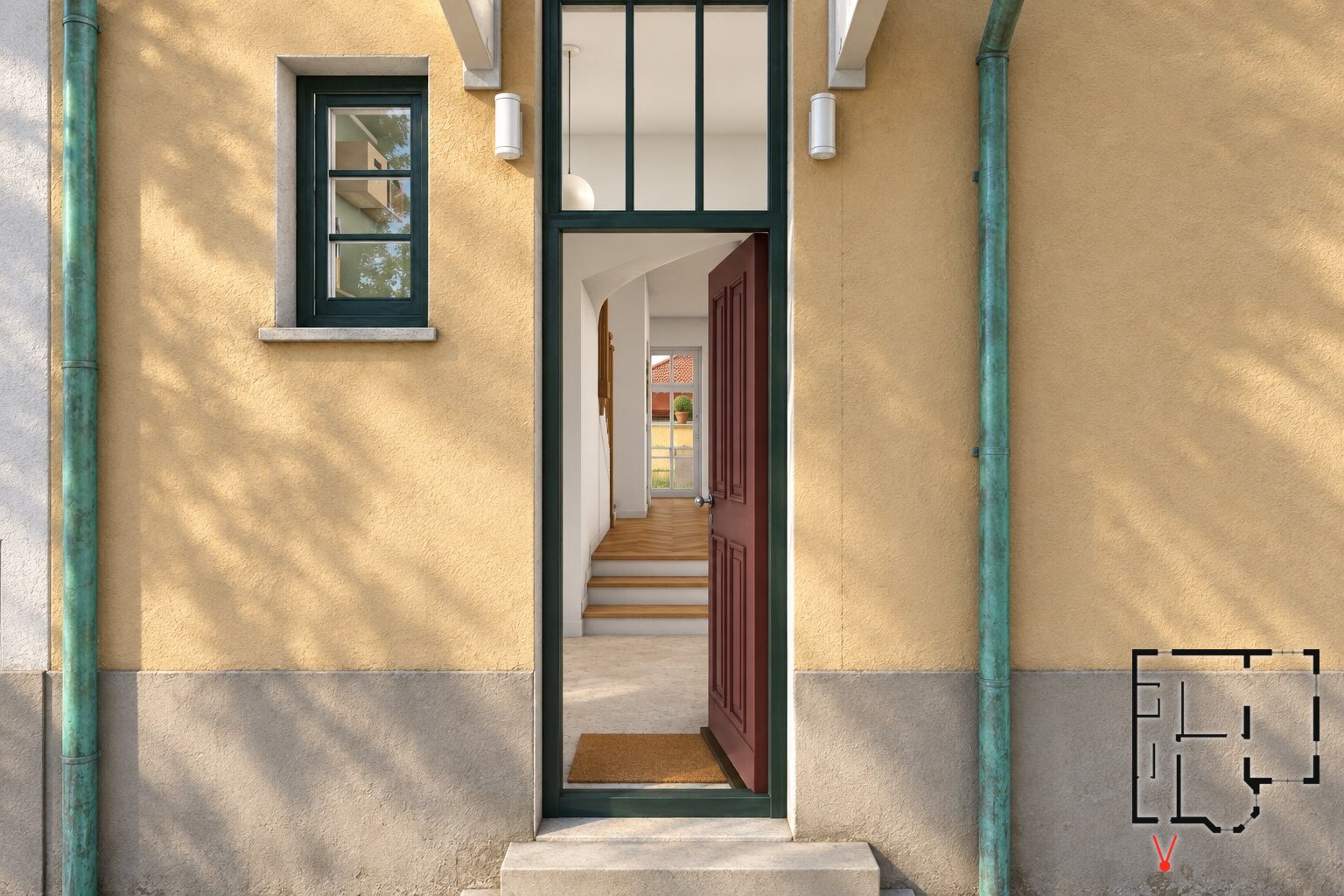 The front door open, looking into the house
