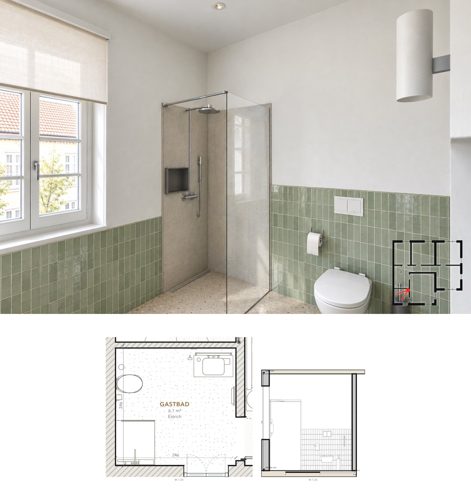 Guest bathroom, with plan and elevation