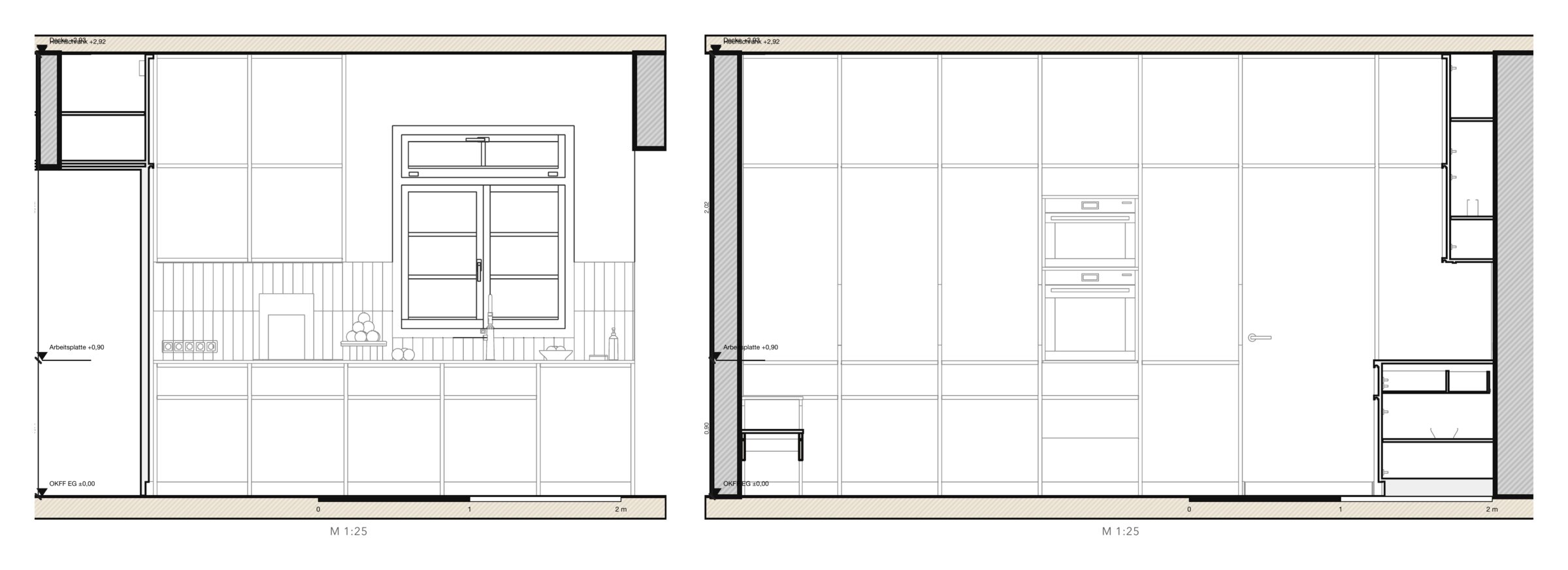 Kitchen, north and west elevations