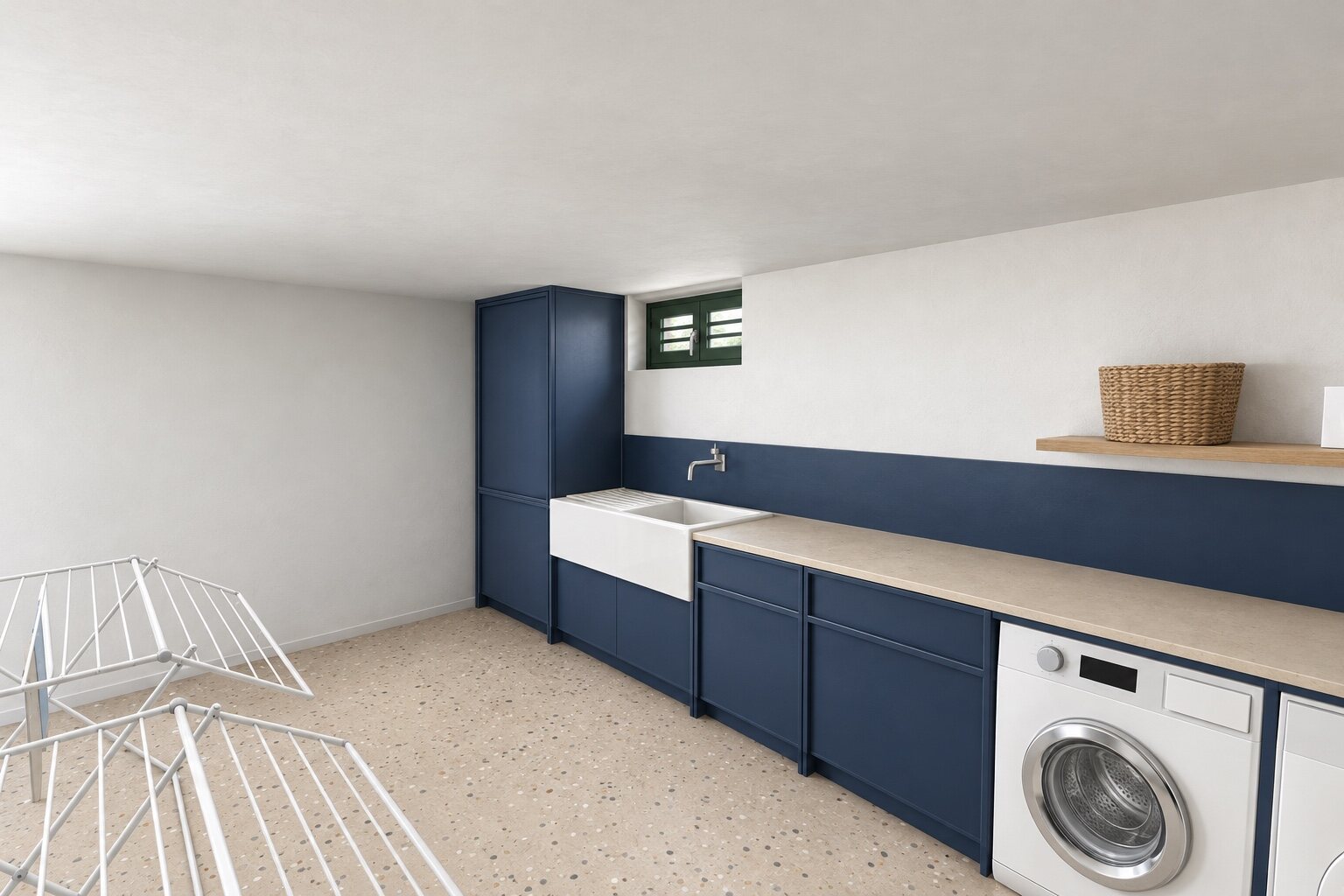 Laundry, a run in the kitchen grid, dark blue