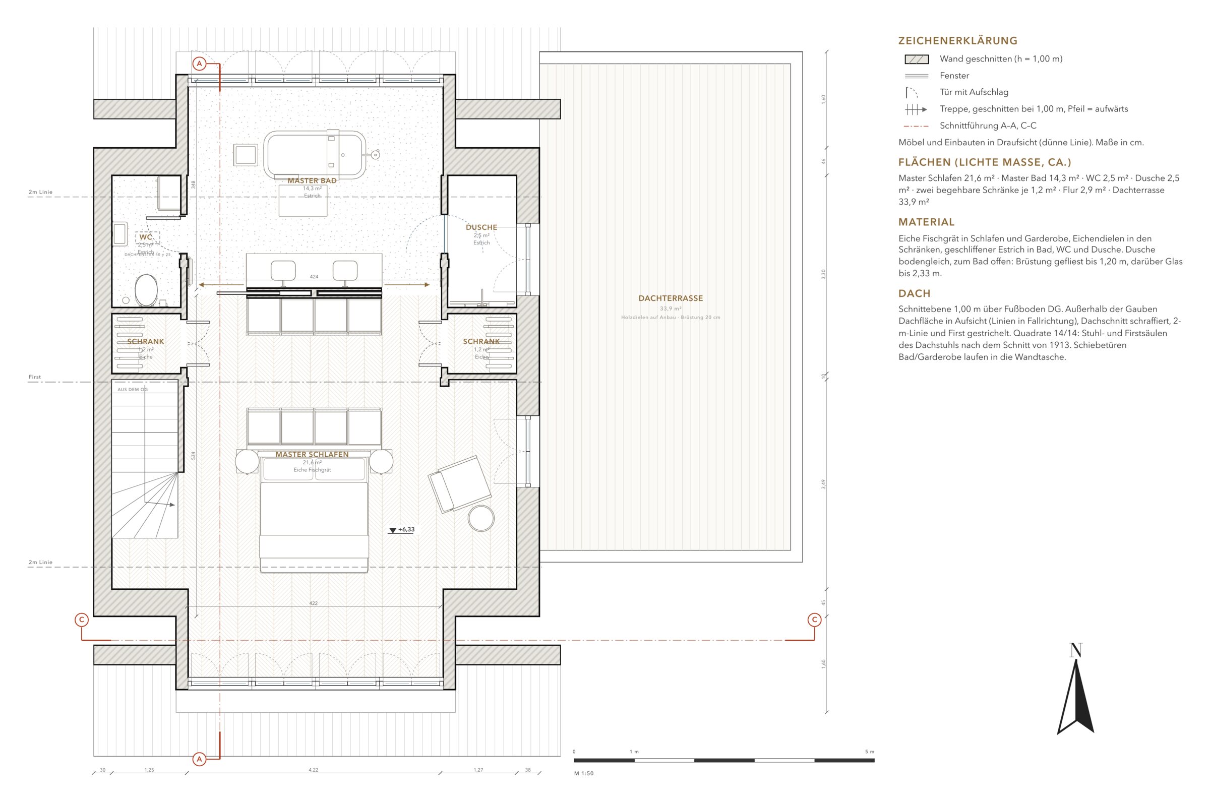 Attic plan, with the roof terrace on the extension