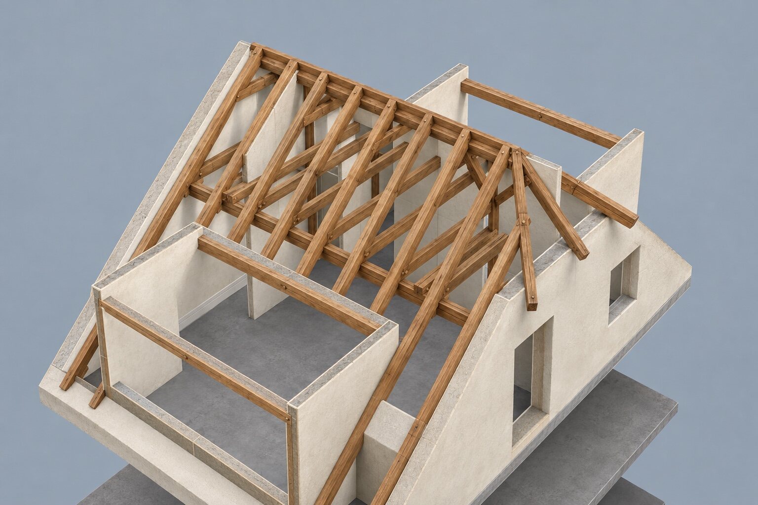 Roof structure without roof covering, from the south-east