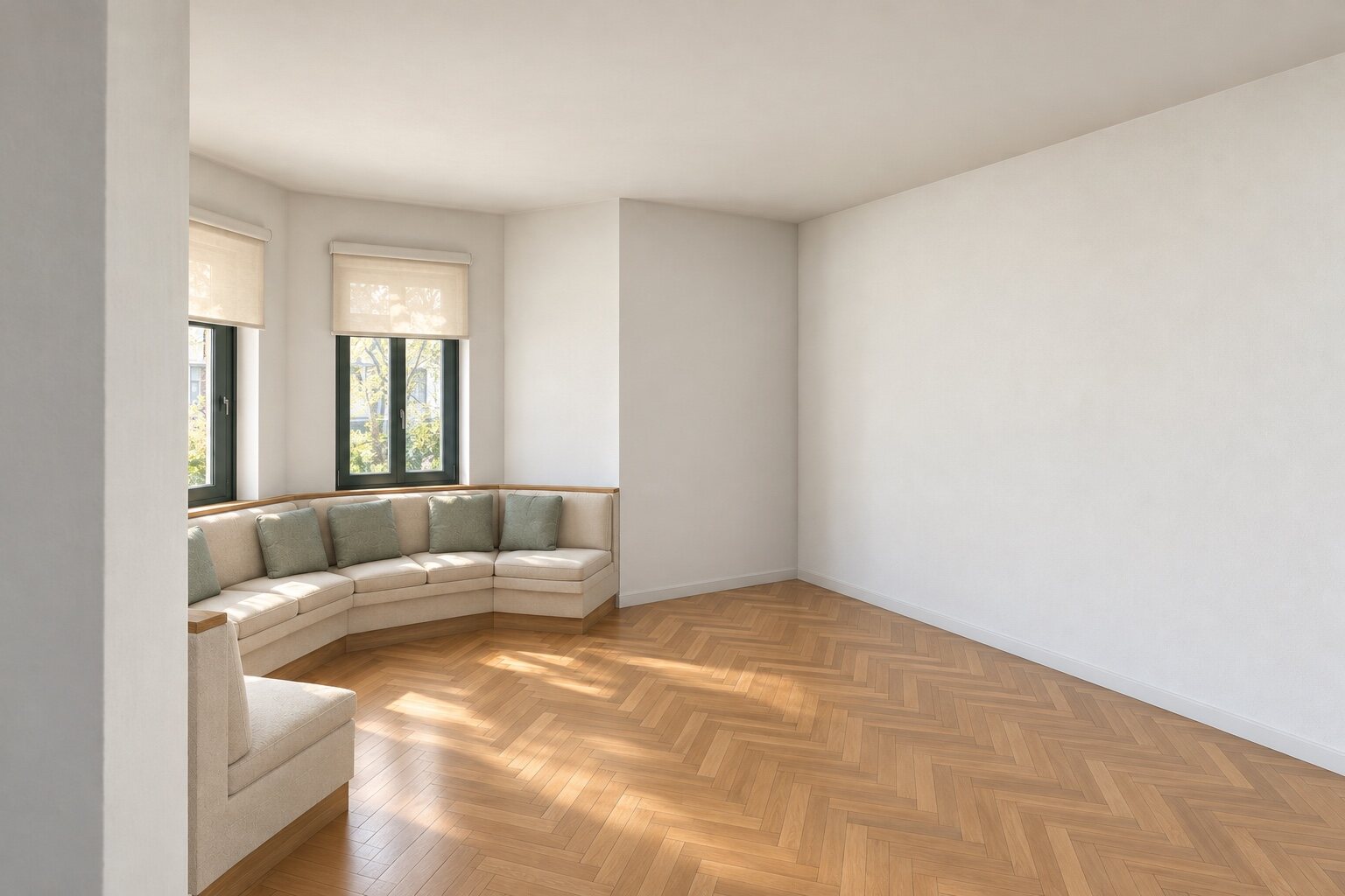 Large salon with the bay window, empty, only the bay bench stays