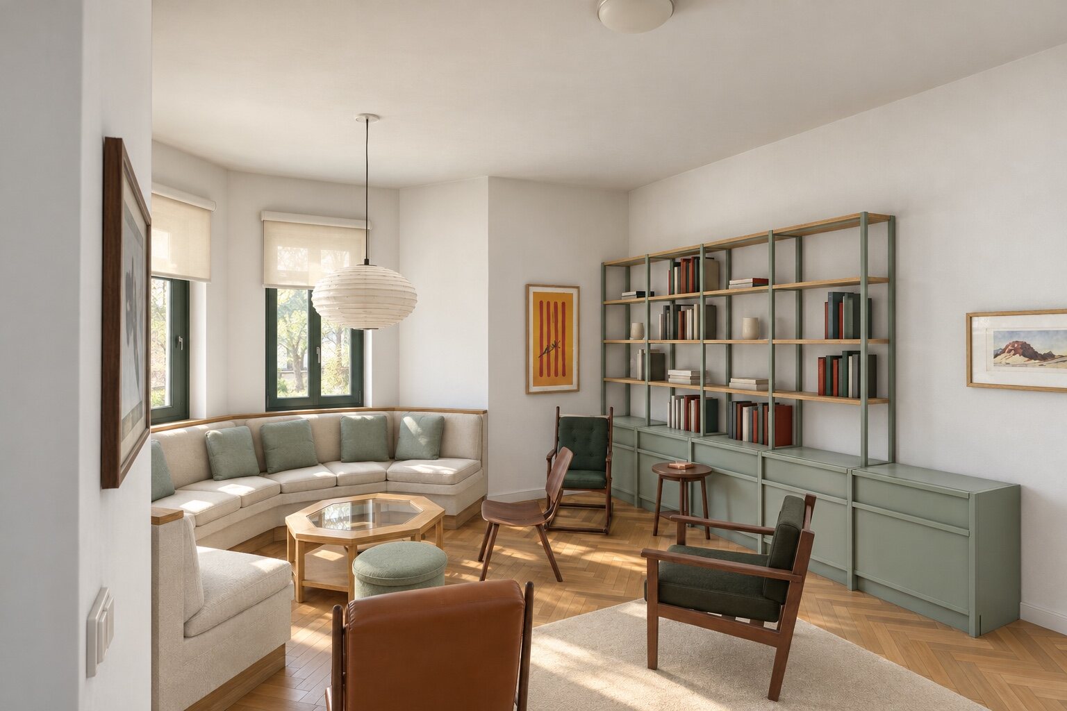 Large salon with the bay window, with suggested furniture