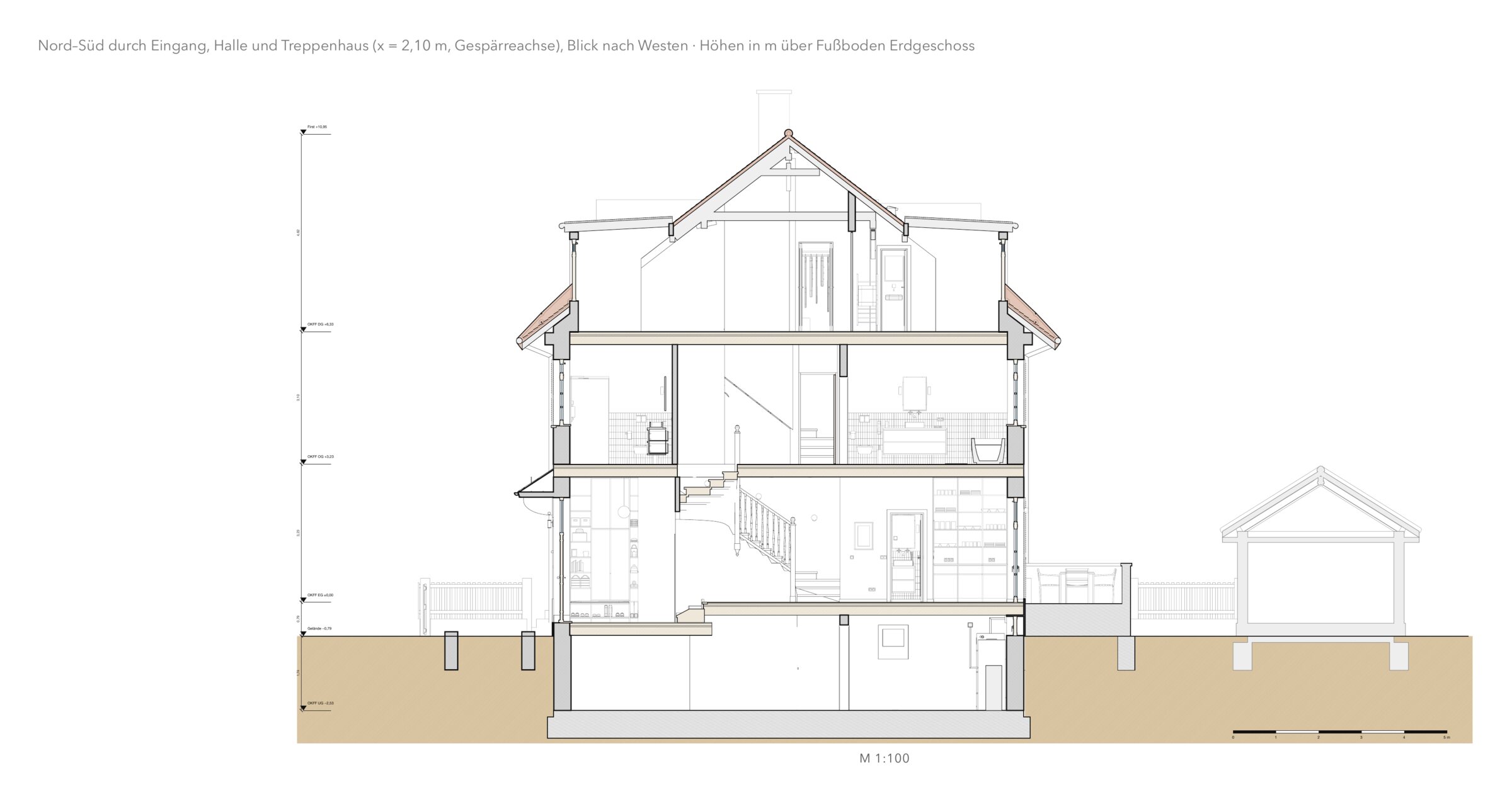 Section A–A, north to south through entrance, hall and stair