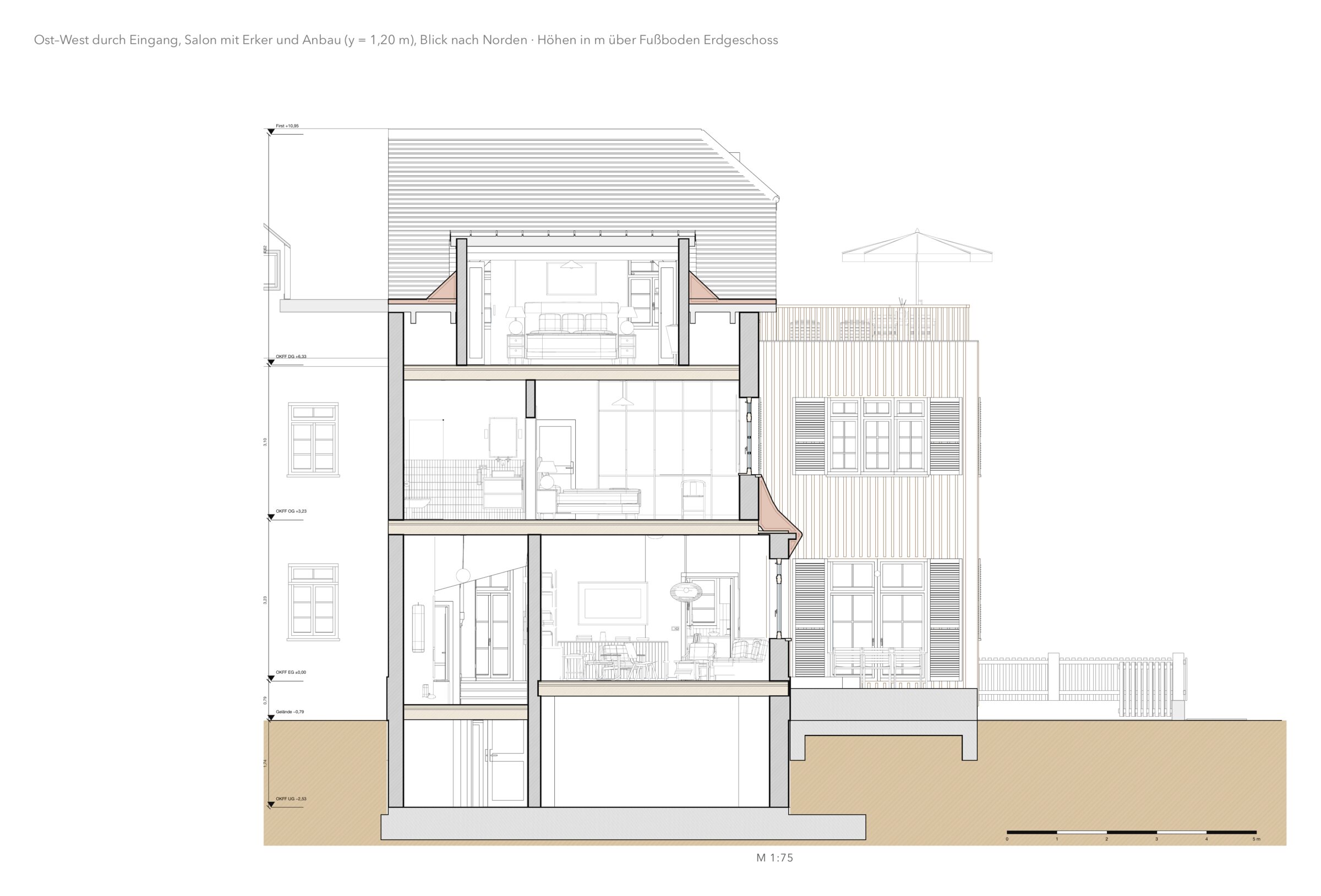 Section C–C, east to west through entrance, salon and extension