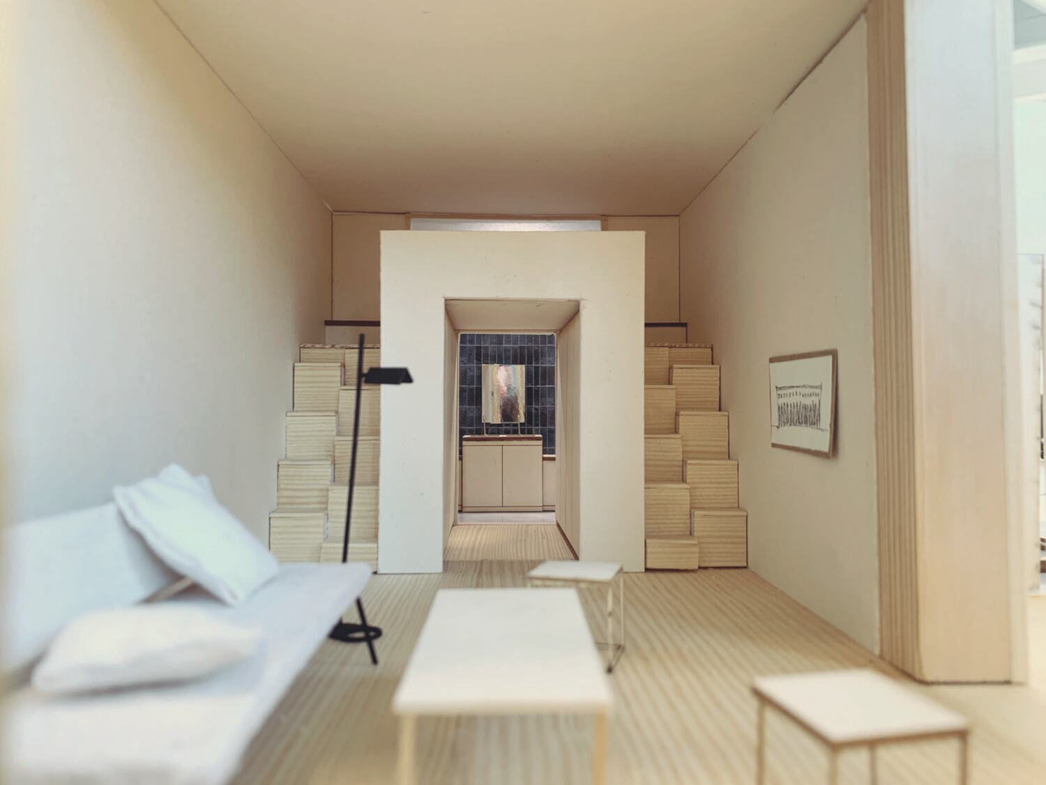 Sleeping area, layered under the high ceiling