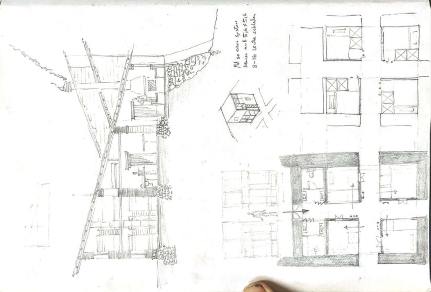 Elevation and plans, in pencil