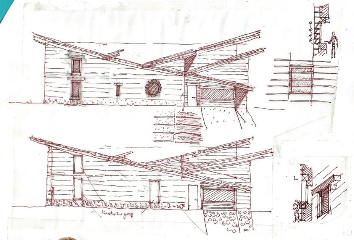 Elevations of a timber house, in red ink