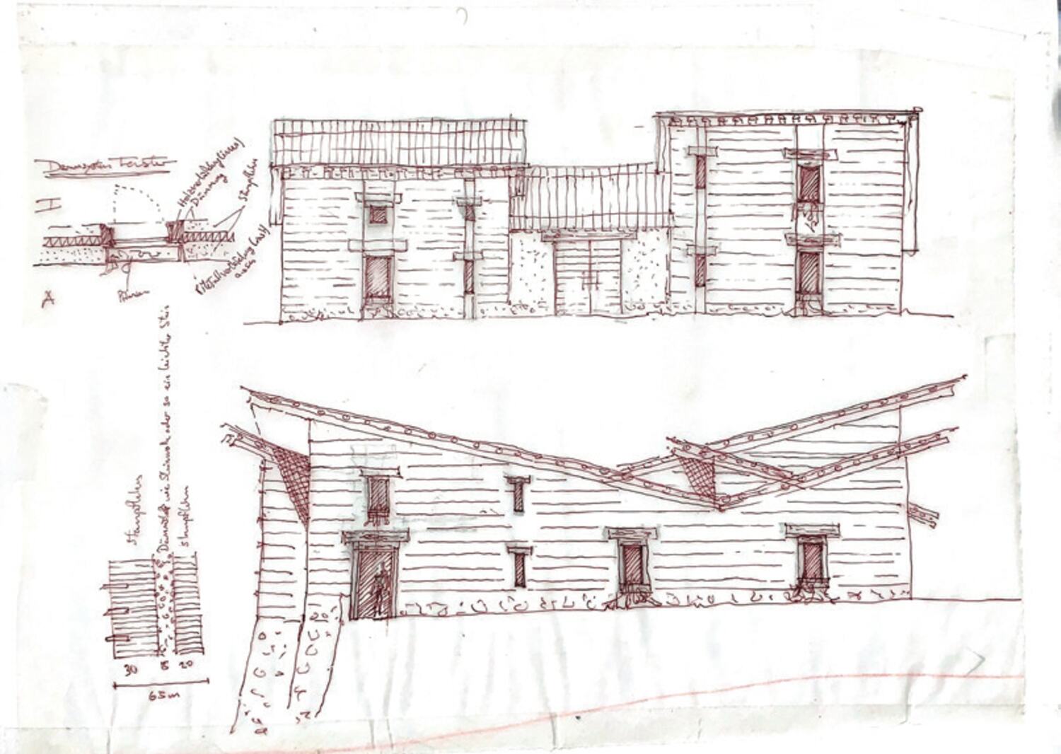 Elevations and details, in red ink