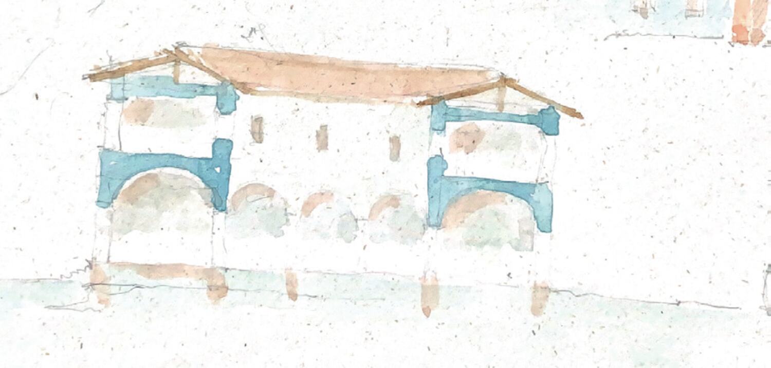 Watercolour of a facade with arcades