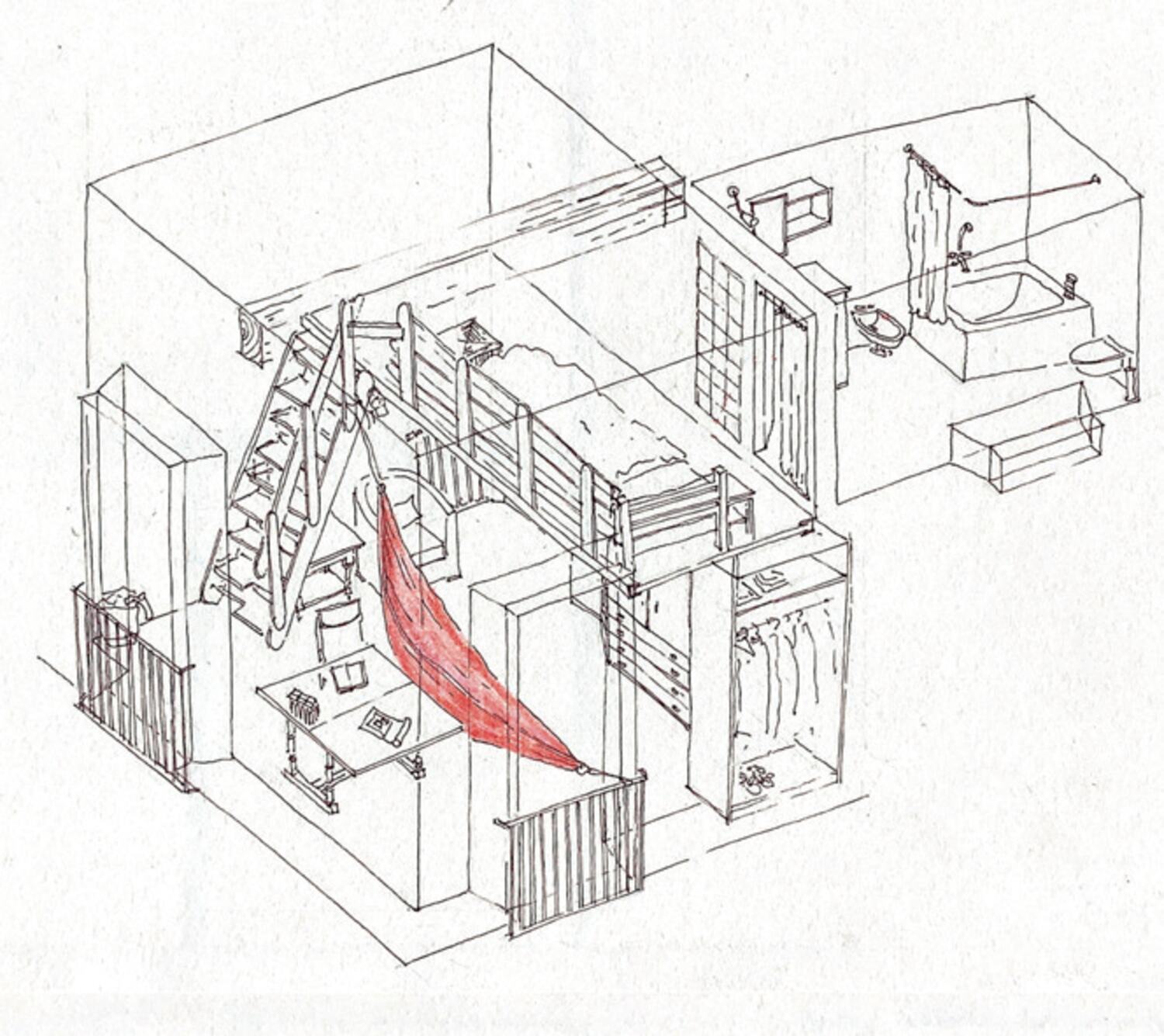 An interior, drawn in axonometric