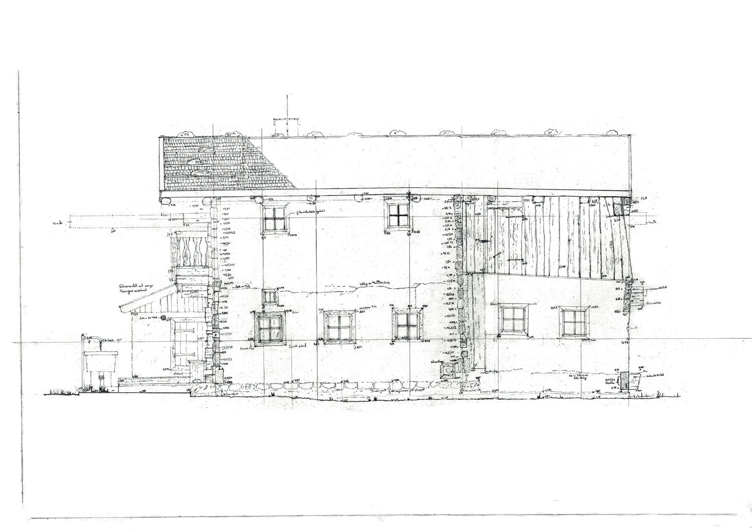 Measured survey of a historic house, drawn by hand